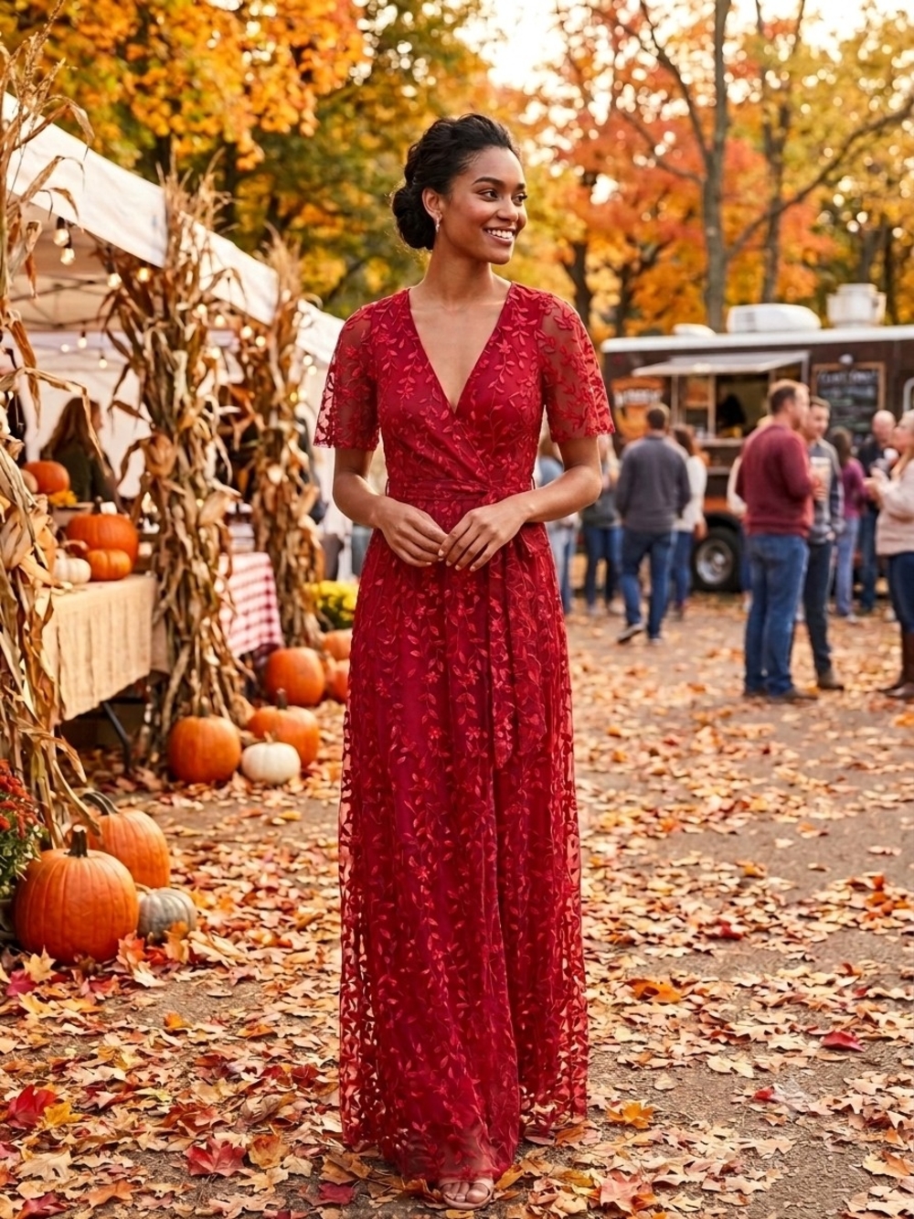 Baltic Born Orange-Red Lace V‑Neck Maxi Gown